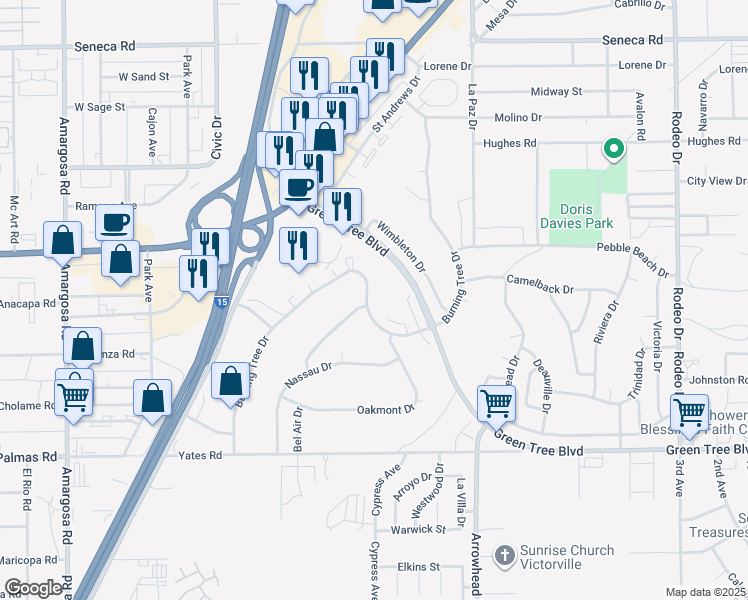 map of restaurants, bars, coffee shops, grocery stores, and more near 13900 Burning Tree Drive in Victorville