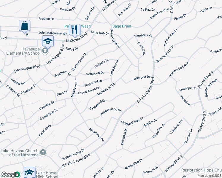 map of restaurants, bars, coffee shops, grocery stores, and more near 3108 Leawood Drive in Lake Havasu City