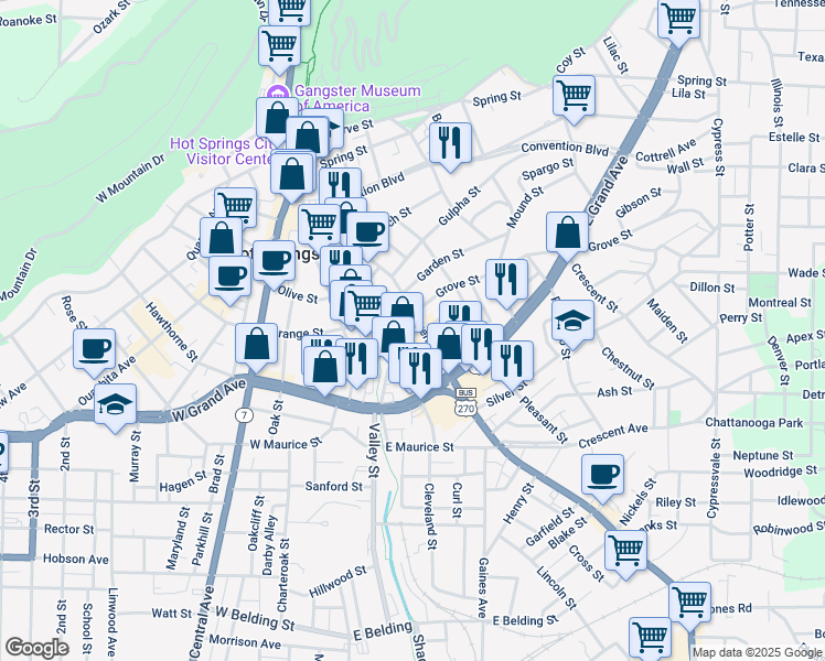 map of restaurants, bars, coffee shops, grocery stores, and more near 626 Malvern Avenue in Hot Springs