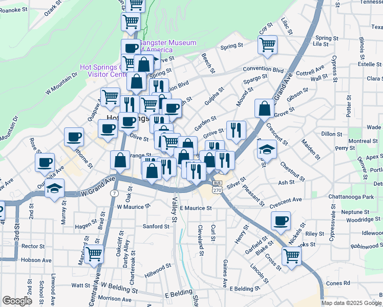 map of restaurants, bars, coffee shops, grocery stores, and more near 626 Malvern Avenue in Hot Springs