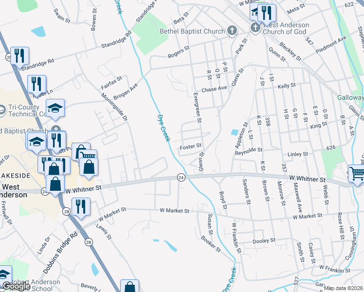 map of restaurants, bars, coffee shops, grocery stores, and more near 256 Nixon Street in Anderson