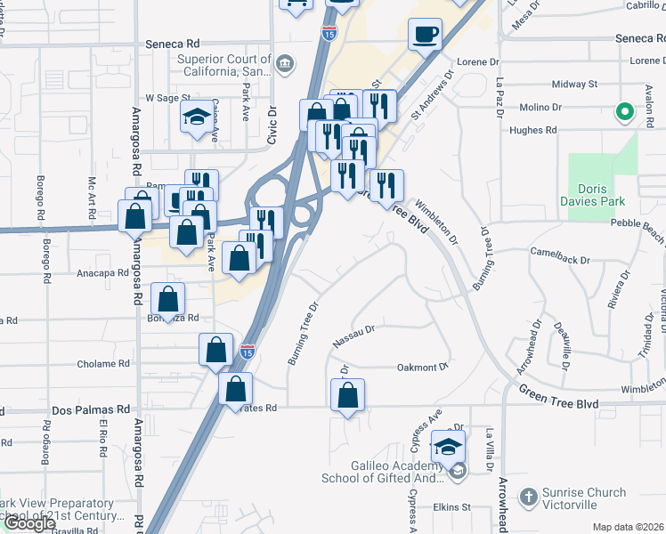 map of restaurants, bars, coffee shops, grocery stores, and more near 14173 Green Tree Boulevard in Victorville