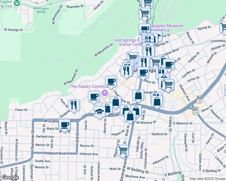 map of restaurants, bars, coffee shops, grocery stores, and more near 500 Ouachita Avenue in Hot Springs