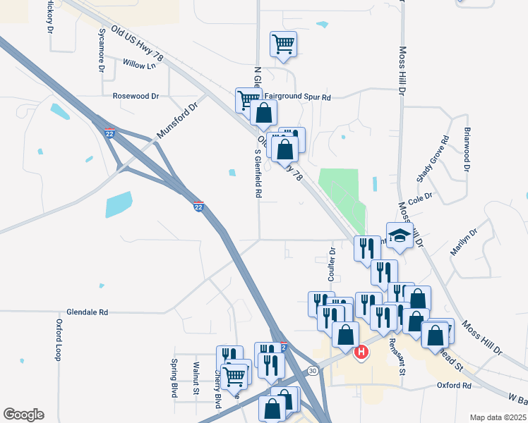 map of restaurants, bars, coffee shops, grocery stores, and more near 202 South Glenfield Road in New Albany