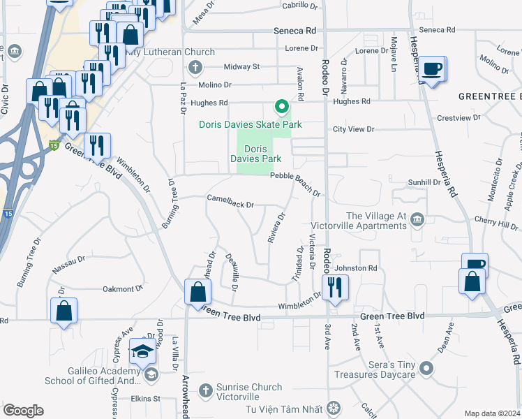 map of restaurants, bars, coffee shops, grocery stores, and more near 16285 Camelback Drive in Victorville