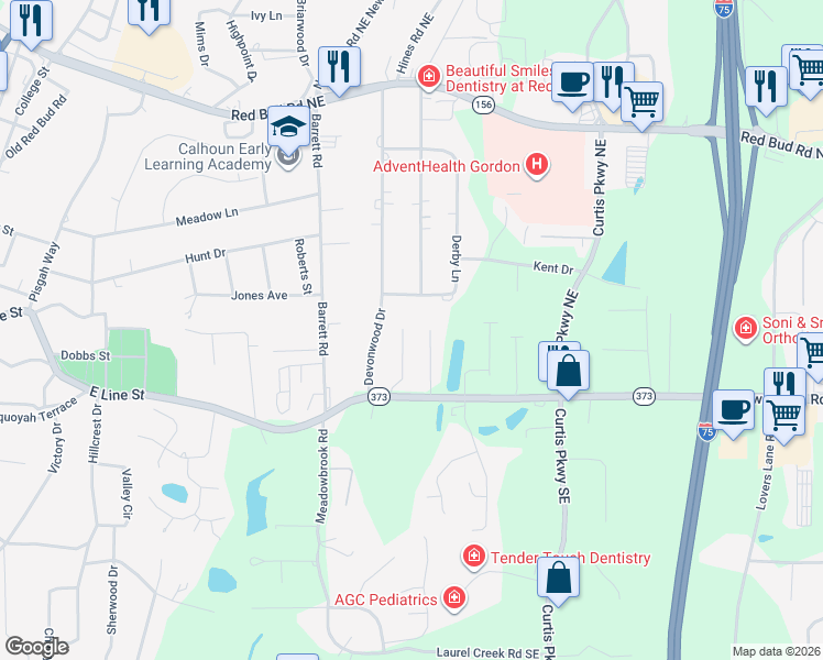 map of restaurants, bars, coffee shops, grocery stores, and more near 104 Derby Lane in Calhoun