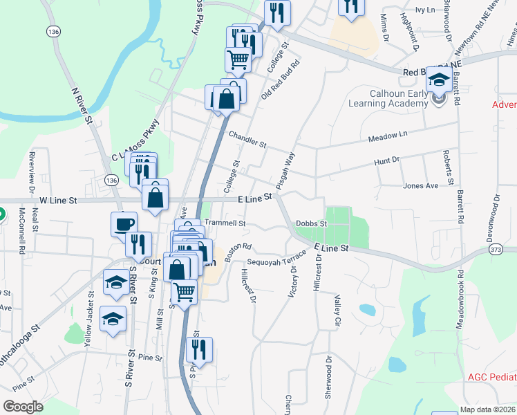 map of restaurants, bars, coffee shops, grocery stores, and more near 309 East Line Street in Calhoun