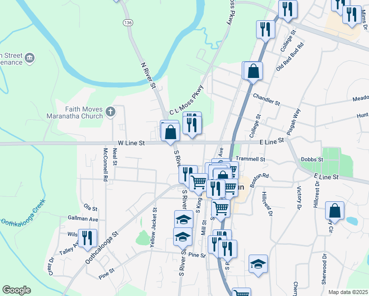 map of restaurants, bars, coffee shops, grocery stores, and more near 324 West Line Street in Calhoun