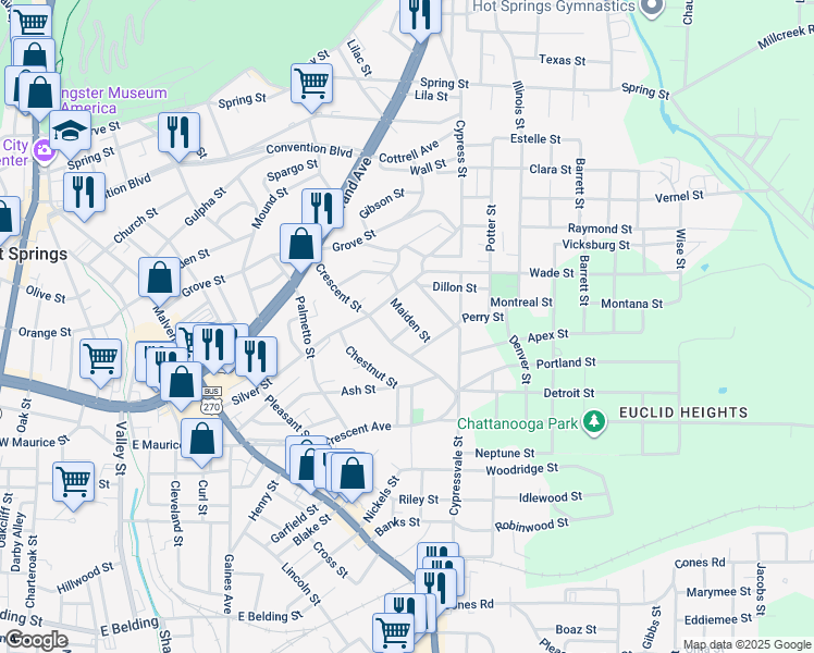 map of restaurants, bars, coffee shops, grocery stores, and more near 121 Maiden Street in Hot Springs