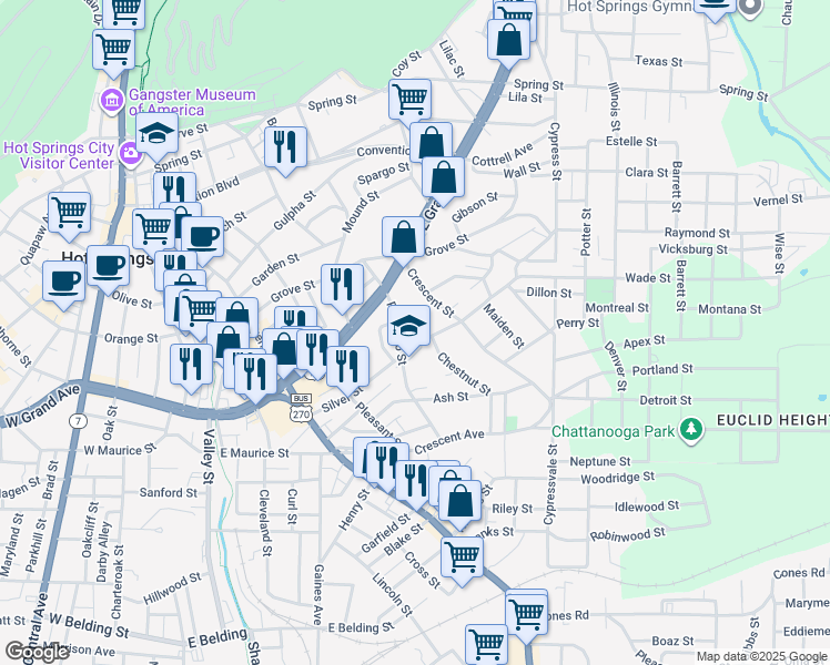 map of restaurants, bars, coffee shops, grocery stores, and more near 613 Crescent Avenue in Hot Springs
