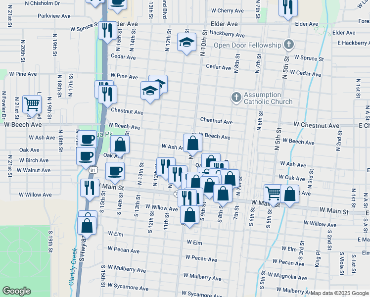 map of restaurants, bars, coffee shops, grocery stores, and more near 1014 West Beech Avenue in Duncan