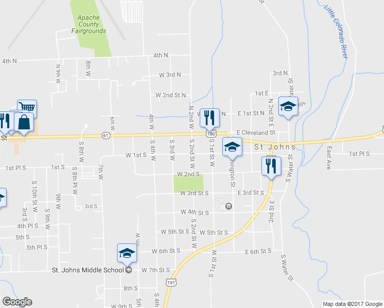 map of restaurants, bars, coffee shops, grocery stores, and more near 98 South 2nd Street West in Saint Johns