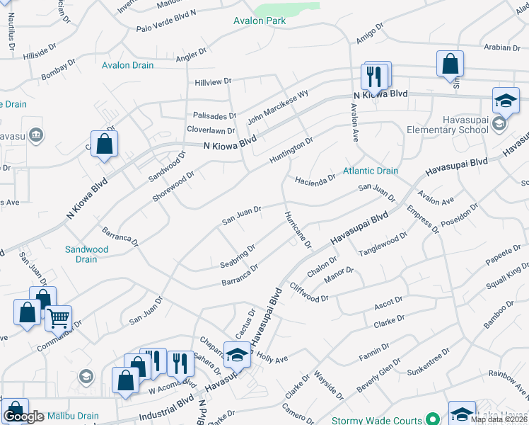 map of restaurants, bars, coffee shops, grocery stores, and more near 2414 Choate Lane in Lake Havasu City