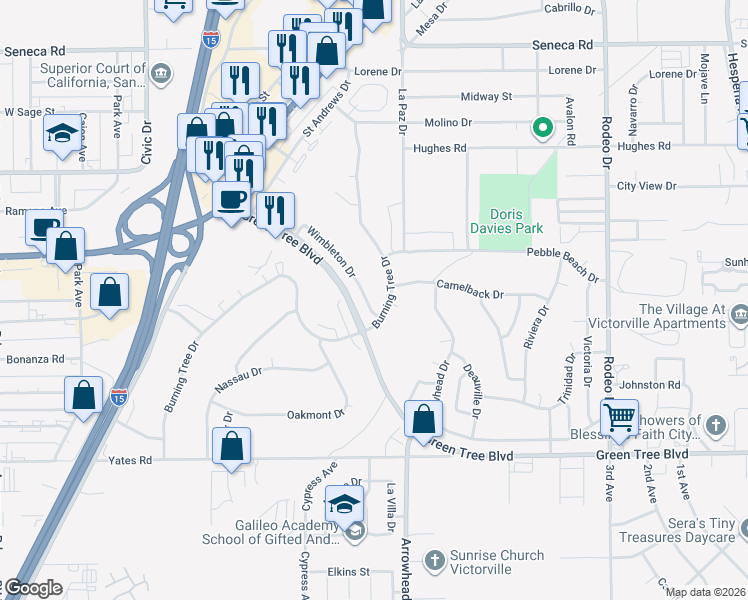 map of restaurants, bars, coffee shops, grocery stores, and more near 14005 Wimbleton Drive in Victorville