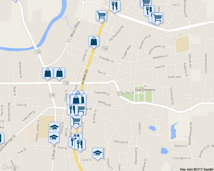 map of restaurants, bars, coffee shops, grocery stores, and more near 309 East Line Street in Calhoun