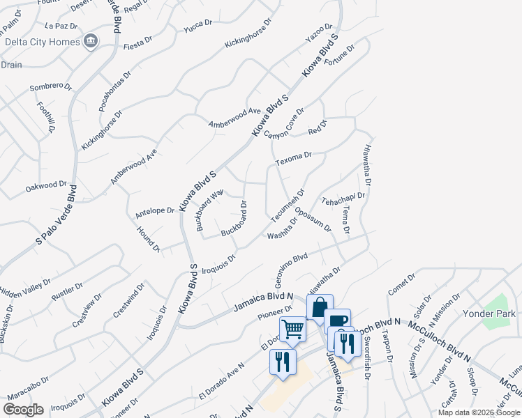 map of restaurants, bars, coffee shops, grocery stores, and more near 3601 Texoma Drive in Lake Havasu City
