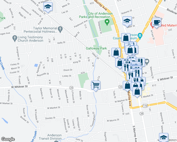 map of restaurants, bars, coffee shops, grocery stores, and more near 200 C Street in Anderson