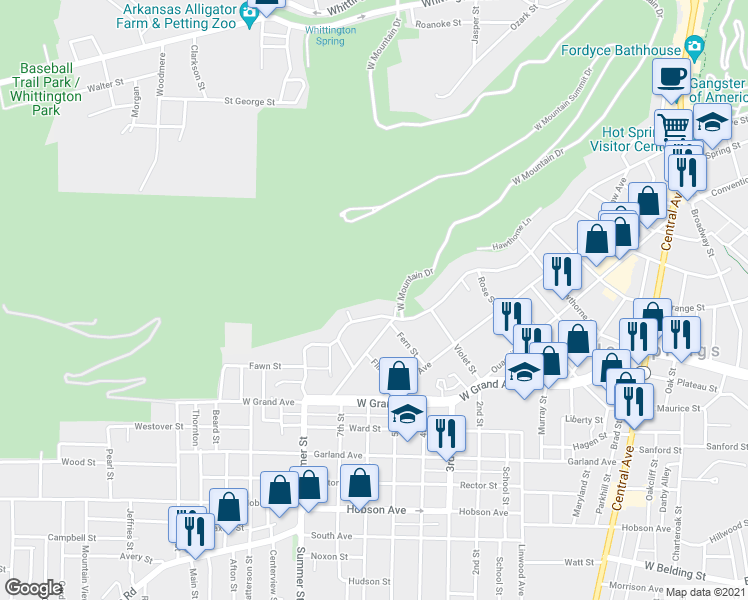 map of restaurants, bars, coffee shops, grocery stores, and more near 112 Curve Terrace in Hot Springs