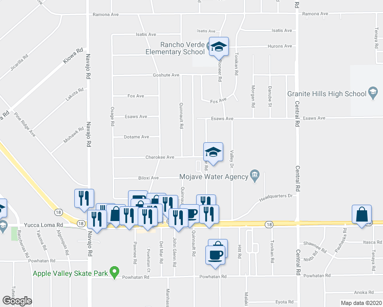 map of restaurants, bars, coffee shops, grocery stores, and more near 22090 Cherokee Avenue in Apple Valley