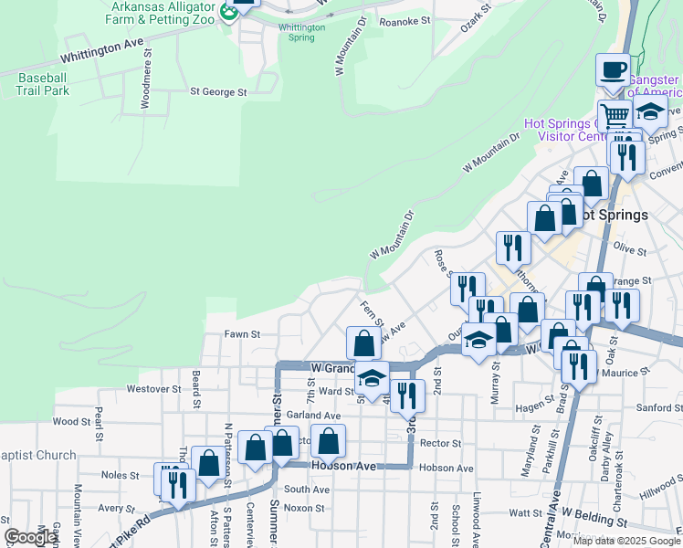 map of restaurants, bars, coffee shops, grocery stores, and more near 112 Curve Terrace in Hot Springs