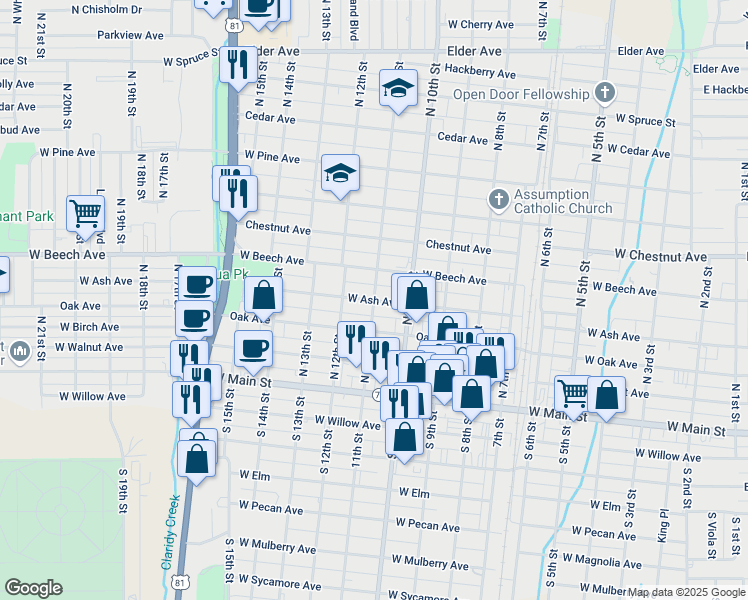 map of restaurants, bars, coffee shops, grocery stores, and more near West Ash Avenue in Duncan