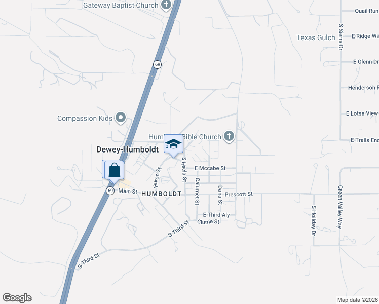 map of restaurants, bars, coffee shops, grocery stores, and more near 2473-2851,2336-2822 South Hecla Street in Dewey-Humboldt