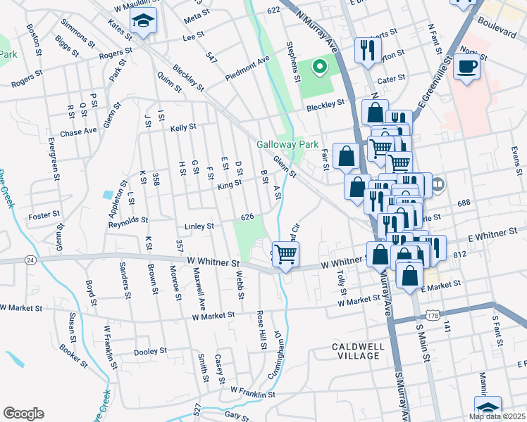 map of restaurants, bars, coffee shops, grocery stores, and more near 200 C Street in Anderson
