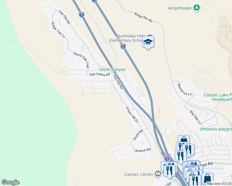 map of restaurants, bars, coffee shops, grocery stores, and more near 32331 Green Hill Drive in Castaic