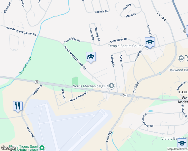 map of restaurants, bars, coffee shops, grocery stores, and more near 101 Tabitha Court in Anderson