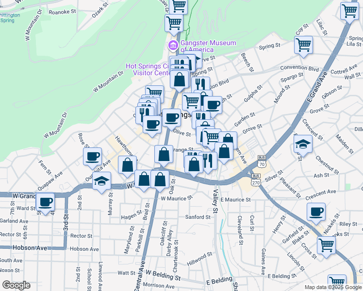 map of restaurants, bars, coffee shops, grocery stores, and more near in Hot Springs