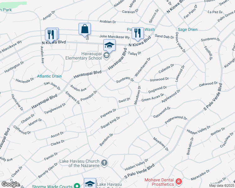 map of restaurants, bars, coffee shops, grocery stores, and more near 2864 Winterhaven Court in Lake Havasu City