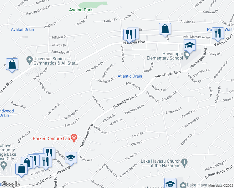 map of restaurants, bars, coffee shops, grocery stores, and more near 2535 Barranca Drive in Lake Havasu City