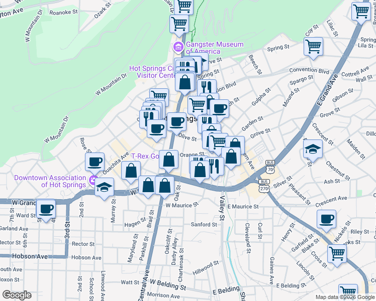 map of restaurants, bars, coffee shops, grocery stores, and more near 119 Oak Street in Hot Springs