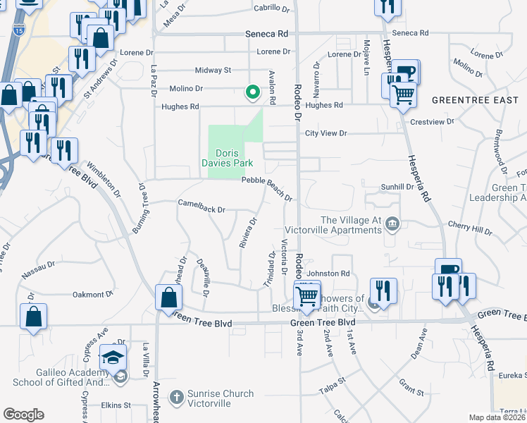 map of restaurants, bars, coffee shops, grocery stores, and more near 13991 Riviera Drive in Victorville