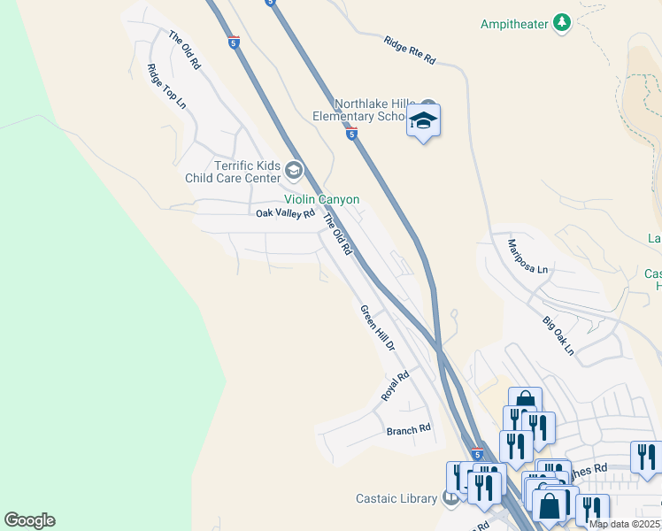 map of restaurants, bars, coffee shops, grocery stores, and more near 32331 Green Hill Drive in Castaic