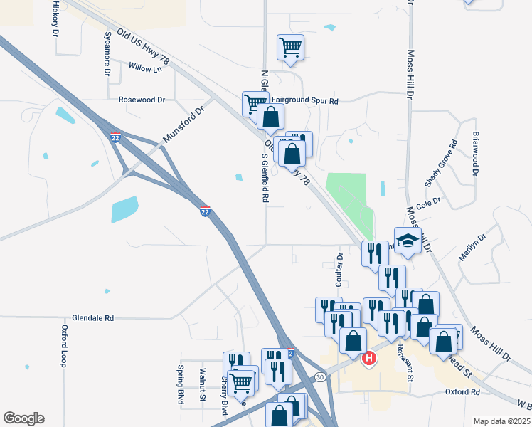 map of restaurants, bars, coffee shops, grocery stores, and more near 202 South Glenfield Road in New Albany