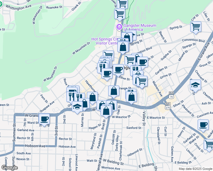 map of restaurants, bars, coffee shops, grocery stores, and more near 428 Orange Street in Hot Springs