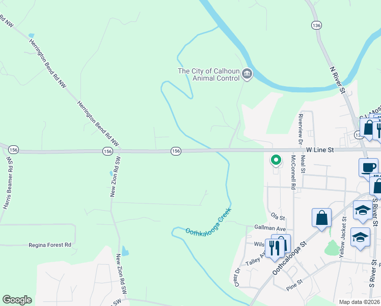 map of restaurants, bars, coffee shops, grocery stores, and more near 352 Roland Hayes Parkway Southwest in Calhoun