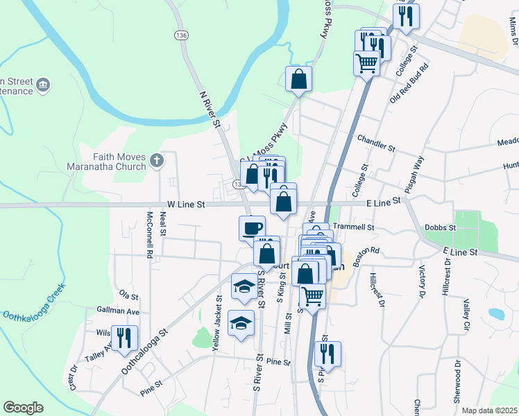 map of restaurants, bars, coffee shops, grocery stores, and more near 324 West Line Street in Calhoun