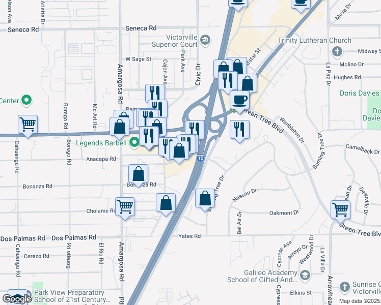 map of restaurants, bars, coffee shops, grocery stores, and more near 15429 Anacapa Road in Victorville