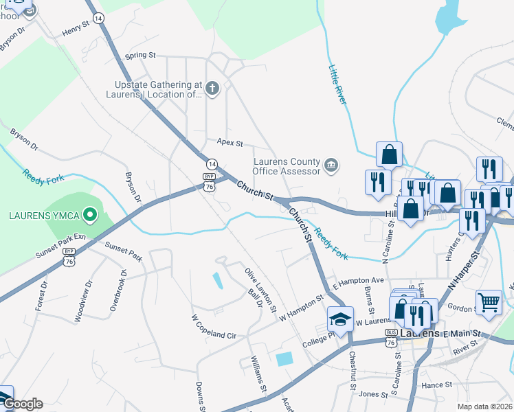map of restaurants, bars, coffee shops, grocery stores, and more near 509 Church St in Laurens