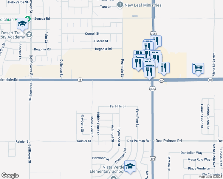 map of restaurants, bars, coffee shops, grocery stores, and more near Palmdale Road in Victorville