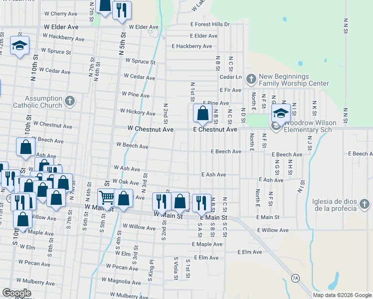 map of restaurants, bars, coffee shops, grocery stores, and more near 401 North 1st Street in Duncan