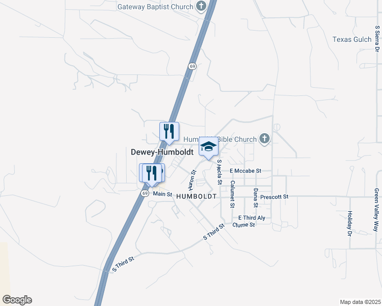 map of restaurants, bars, coffee shops, grocery stores, and more near 2545 South Hill Street in Dewey