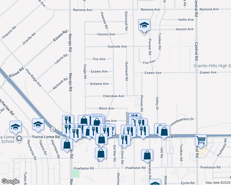 map of restaurants, bars, coffee shops, grocery stores, and more near 14020 Pawnee Road in Apple Valley