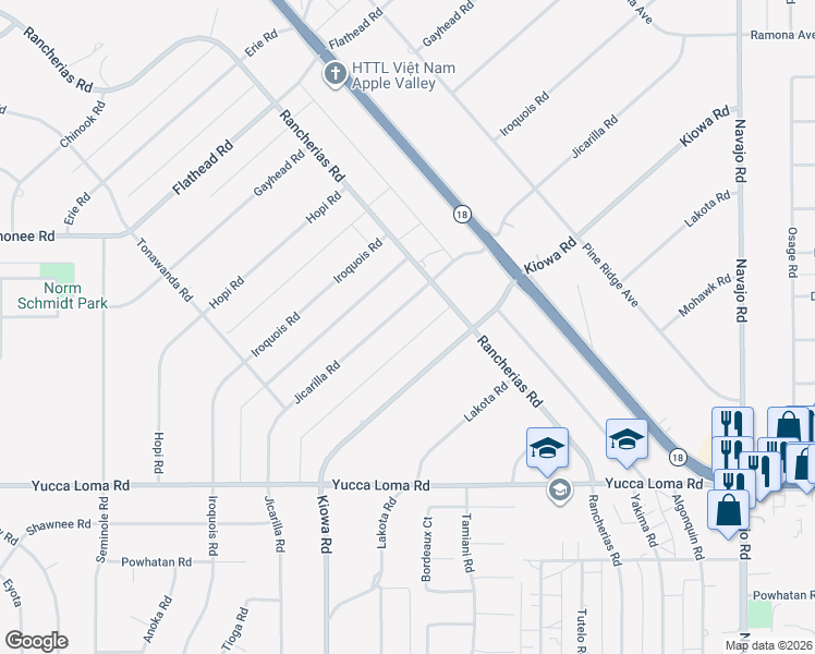 map of restaurants, bars, coffee shops, grocery stores, and more near 13991 Jicarilla Road in Apple Valley