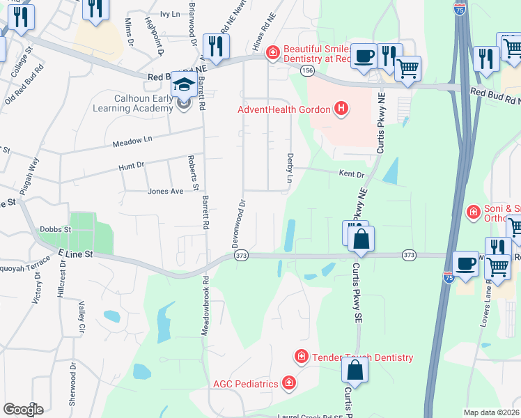 map of restaurants, bars, coffee shops, grocery stores, and more near 123 Garden Lake Drive in Calhoun
