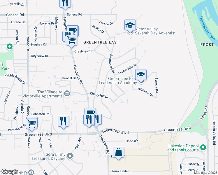 map of restaurants, bars, coffee shops, grocery stores, and more near 14010 Millbrook Drive in Victorville