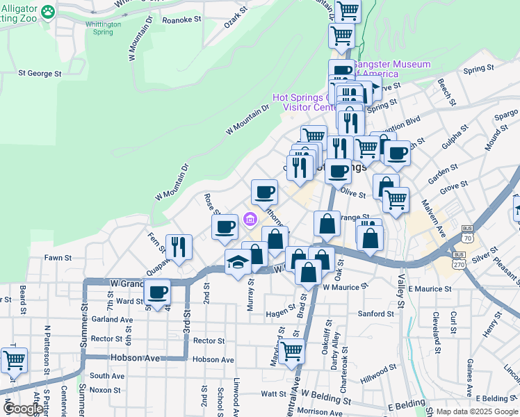 map of restaurants, bars, coffee shops, grocery stores, and more near 500 Ouachita Avenue in Hot Springs