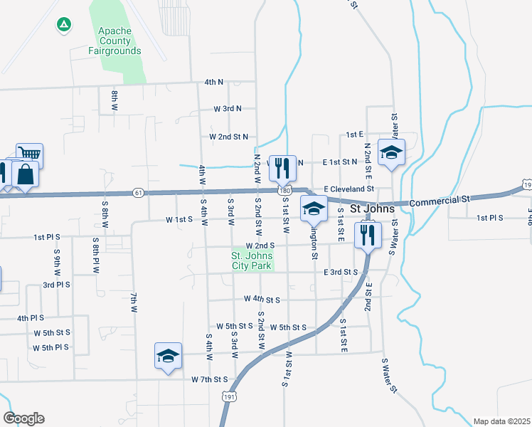 map of restaurants, bars, coffee shops, grocery stores, and more near 2-98 South 2nd Street West in Saint Johns